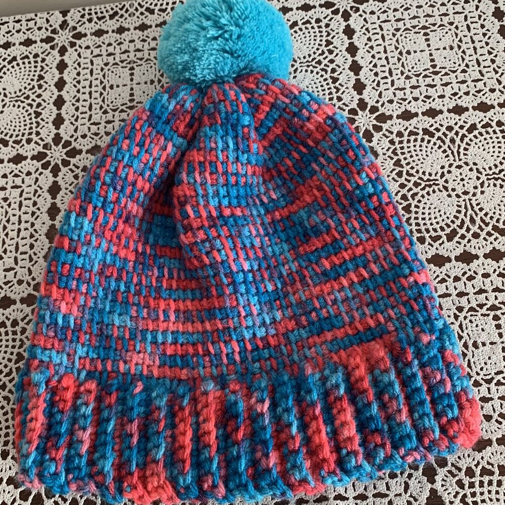 Hand Knitted Ladies Hat Cap Beanie Red Blue Thick Chunky Yarn Warm Wear One Size